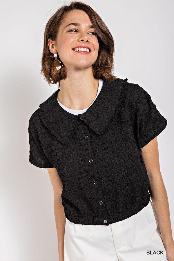 Peter pan collar textured knit button down top by VYSN