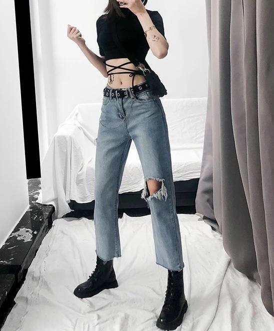 High Waisted Cut And Ripped Straight Leg Jeans by White Market