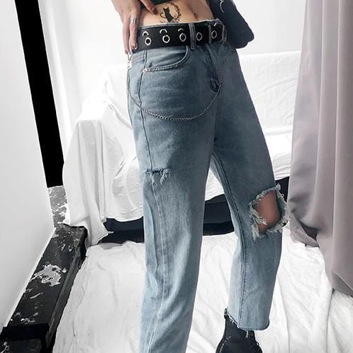 High Waisted Cut And Ripped Straight Leg Jeans by White Market