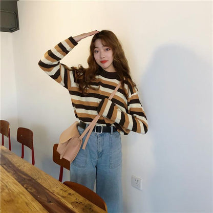 Striped Knitted Pullover Sweater by White Market