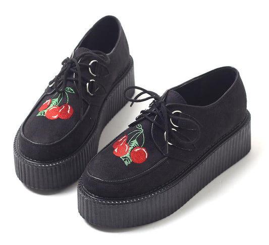 Cherry Embroidered Creeper Platform Shoes by White Market