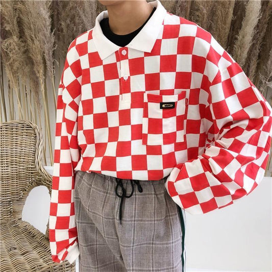 Checkerboard Long Sleeve Polo by White Market
