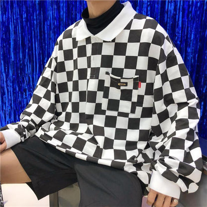 Checkerboard Long Sleeve Polo by White Market