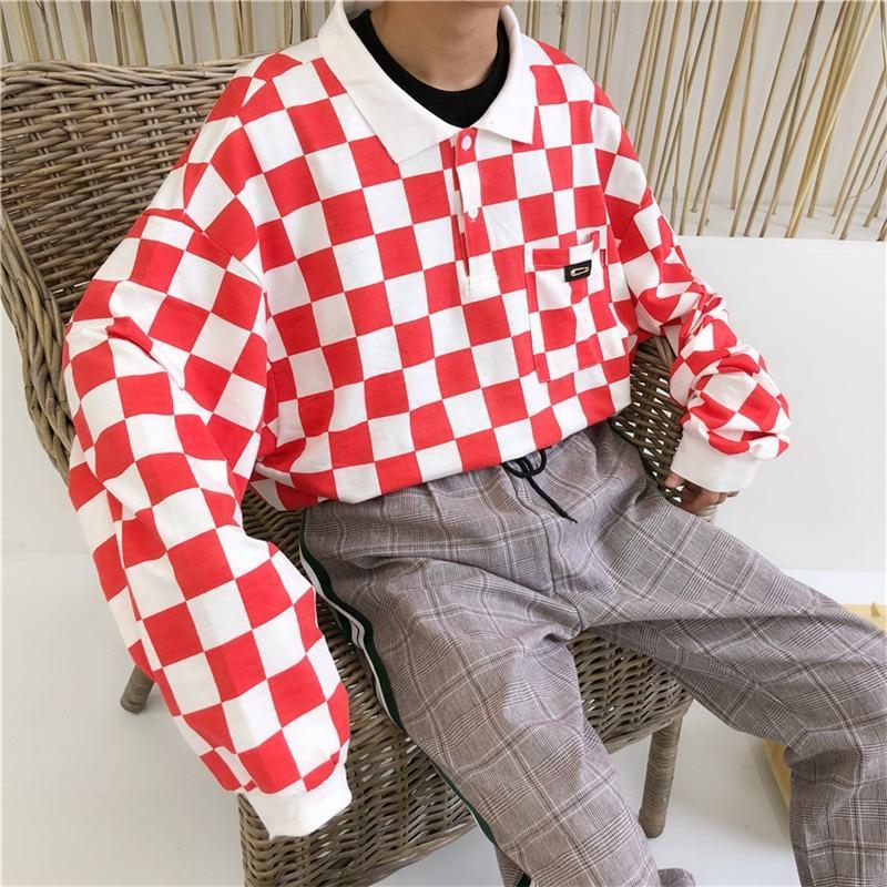 Checkerboard Long Sleeve Polo by White Market