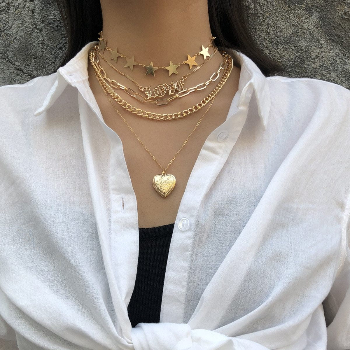 Vintage Layered Star Choker and Pendant Necklace by White Market