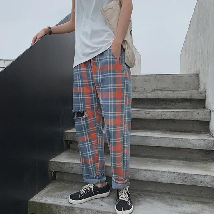 Distressed Plaid Trousers by White Market