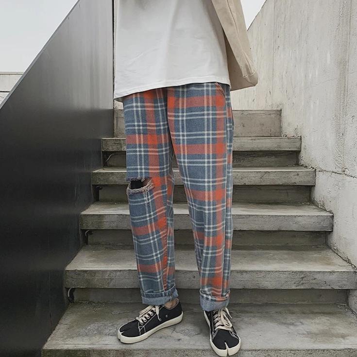 Distressed Plaid Trousers by White Market