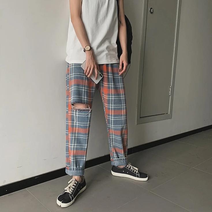 Distressed Plaid Trousers by White Market