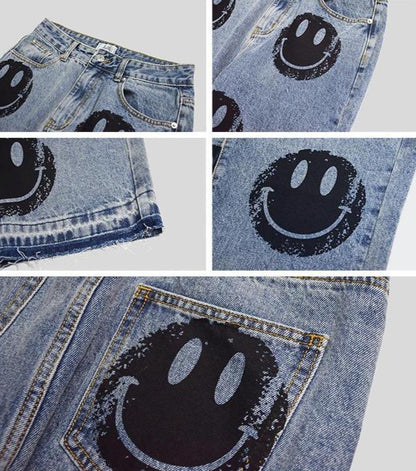 Printed Smiley Straight Leg Jeans by White Market