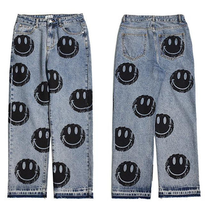 Printed Smiley Straight Leg Jeans by White Market