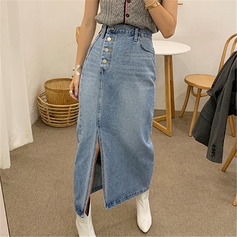 High Waisted Vintage  Split Denim Midi Skirt by White Market