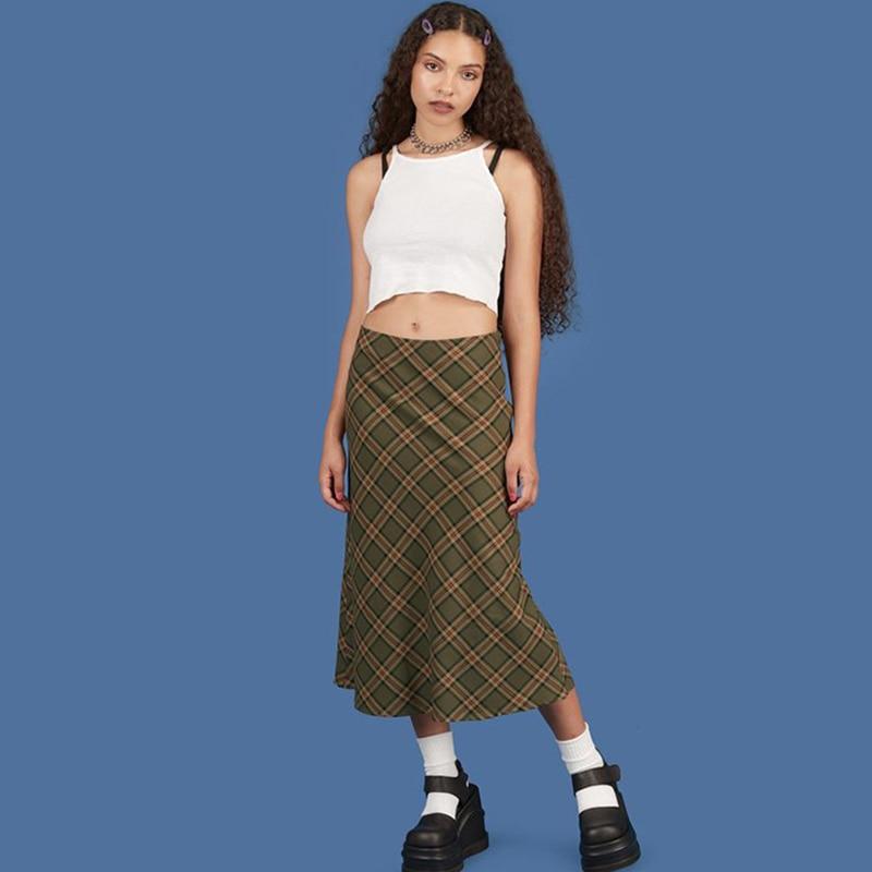 High Waisted Plaid Midi Skirt by White Market