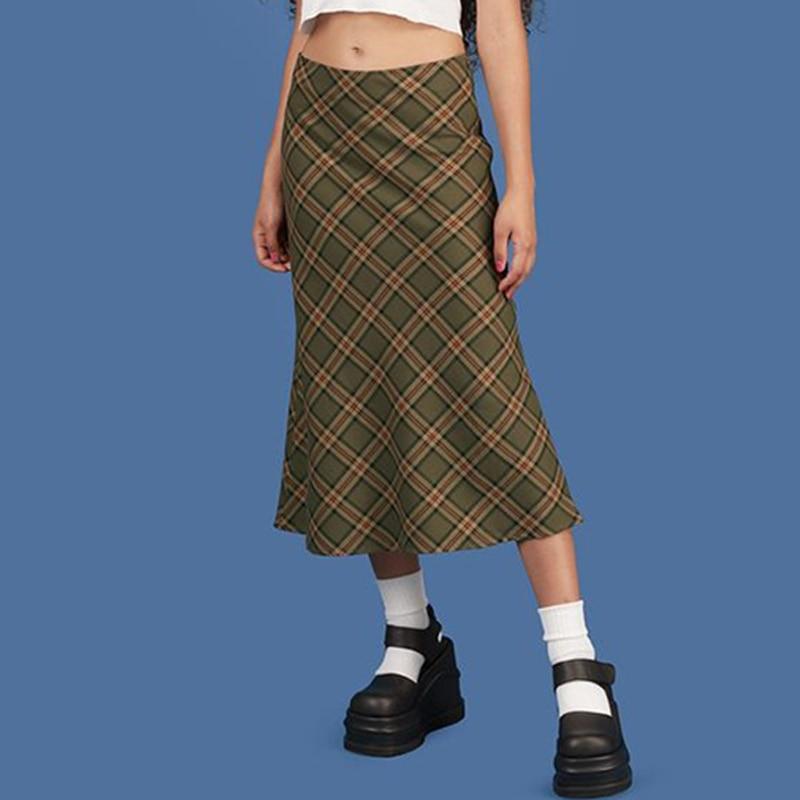 High Waisted Plaid Midi Skirt by White Market