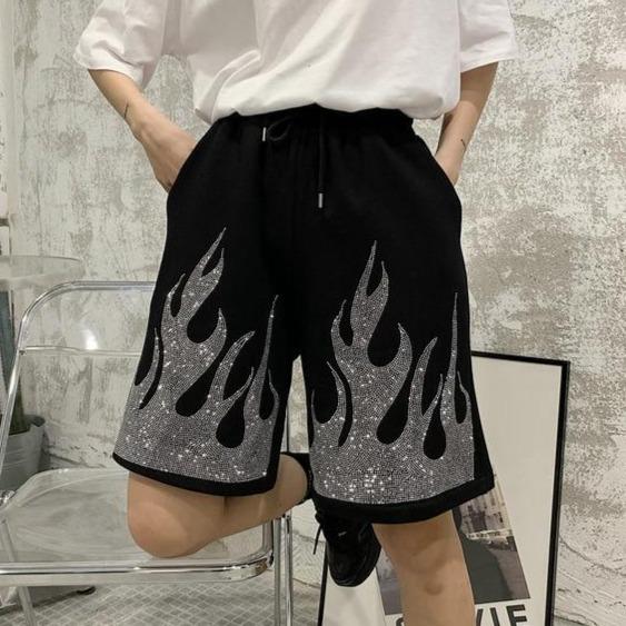 Rhinestone Flame Shorts by White Market