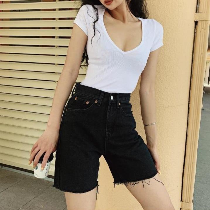 High Waist Slim Denim Shorts by White Market