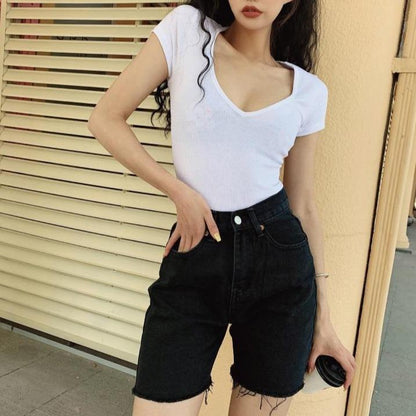 High Waist Slim Denim Shorts by White Market