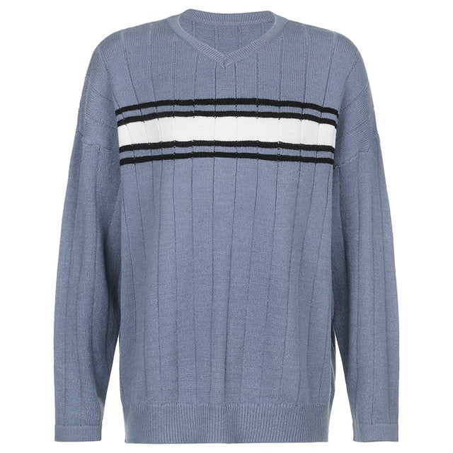 Striped V Neck Oversized Sweater by White Market