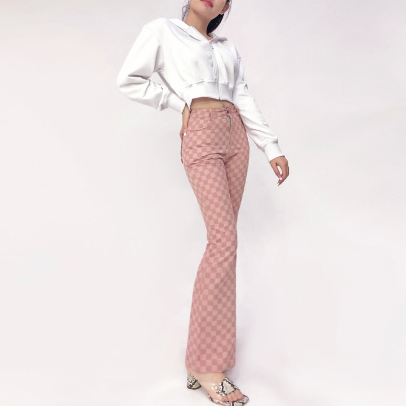 Pink Checkerboard High Waisted Jeans by White Market