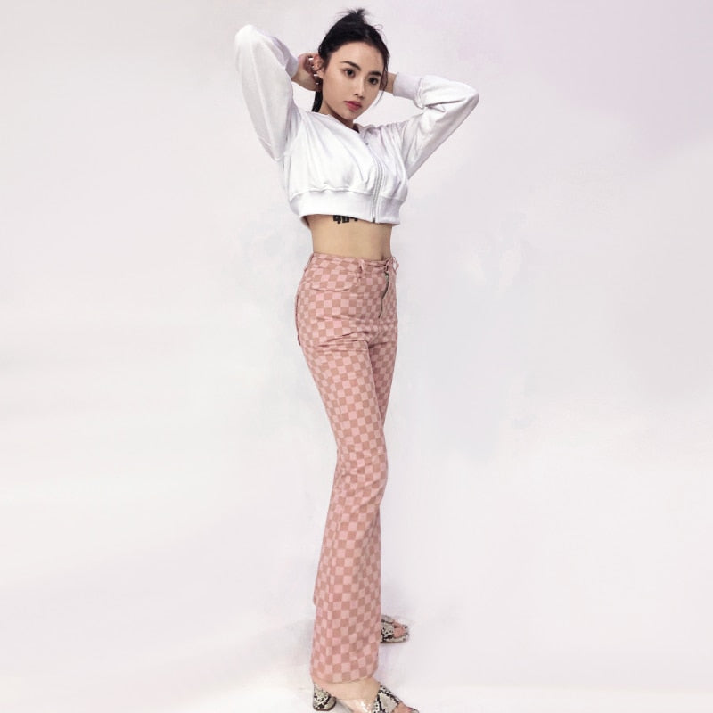 Pink Checkerboard High Waisted Jeans by White Market