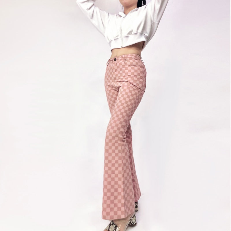 Pink Checkerboard High Waisted Jeans by White Market