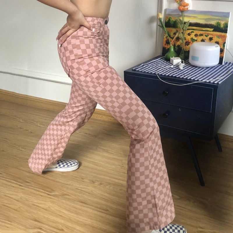 Pink Checkerboard High Waisted Jeans by White Market