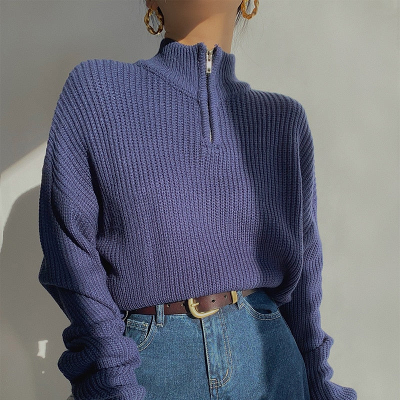 Ribbed Zip Up Knitted Sweater by White Market