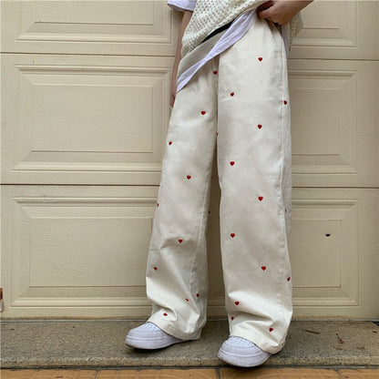 Heart Embroidered Baggy Straight Denim Trouser by White Market