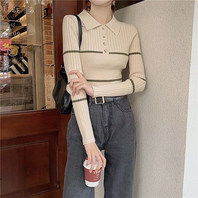 Ribbed Collared Knitted Blouse by White Market