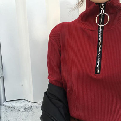 Zip-Up Knitted Turtleneck Sweater by White Market