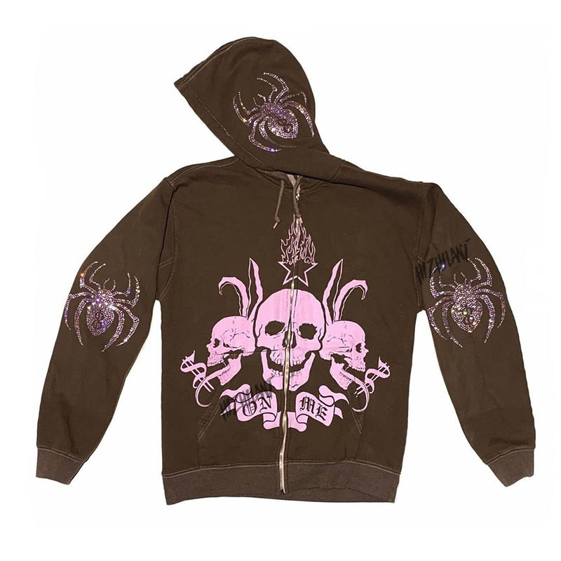 Rhinestone Spider Skull Zip Up Hoodie by White Market