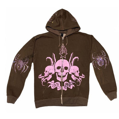 Rhinestone Spider Skull Zip Up Hoodie by White Market