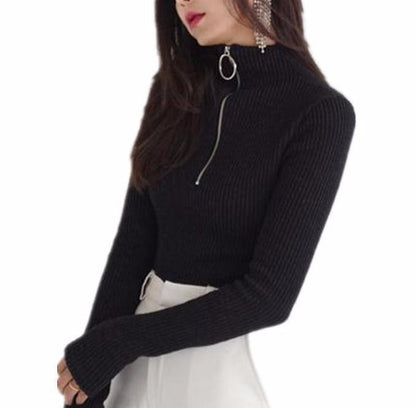 Zip-Up Knitted Turtleneck Sweater by White Market