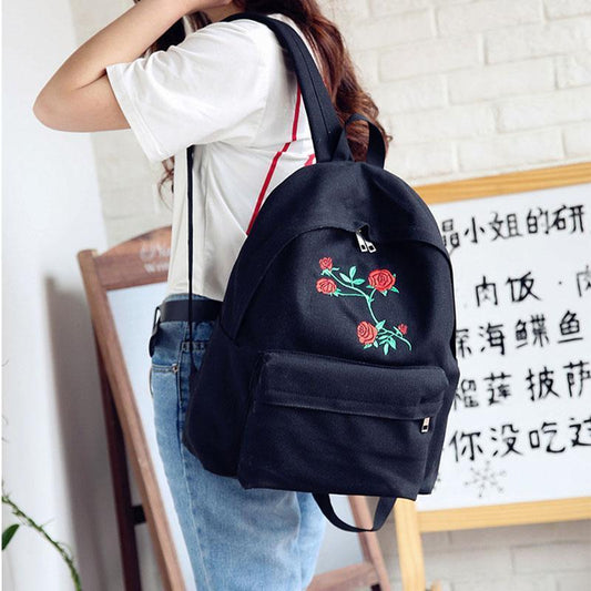 Embroidered Rose Canvas Backpack by White Market