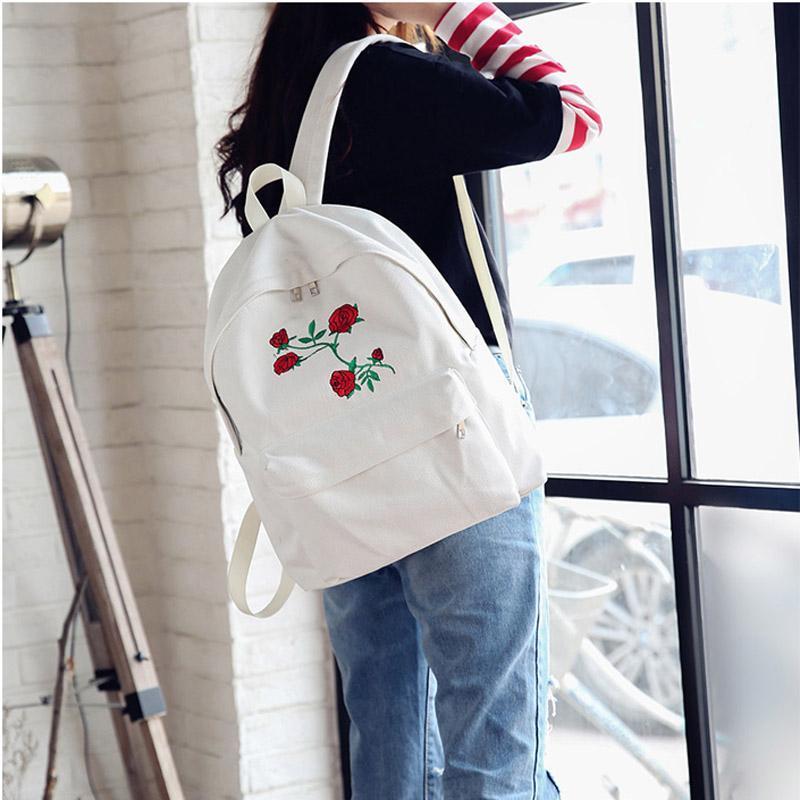 Embroidered Rose Canvas Backpack by White Market