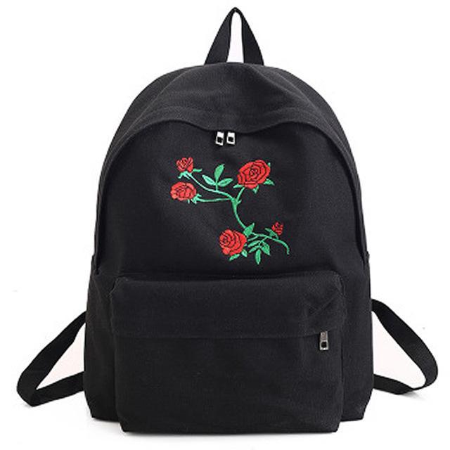 Embroidered Rose Canvas Backpack by White Market