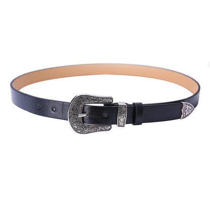 Carved Steel Buckle Leather Belt by White Market