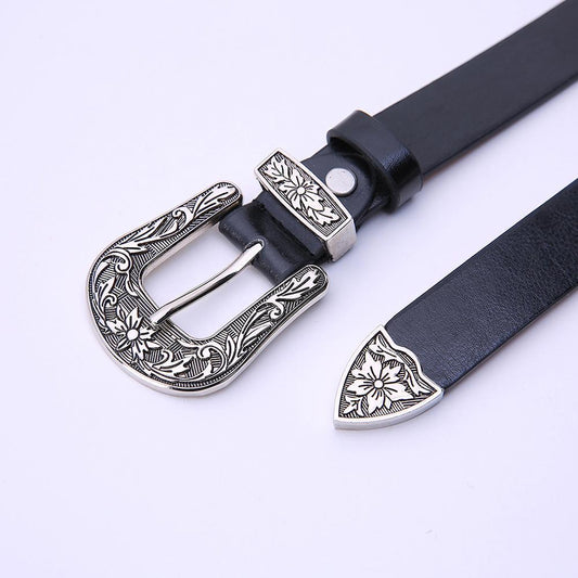 Carved Steel Buckle Leather Belt by White Market