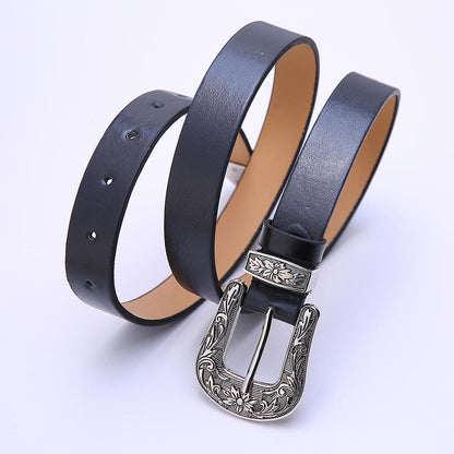 Carved Steel Buckle Leather Belt by White Market