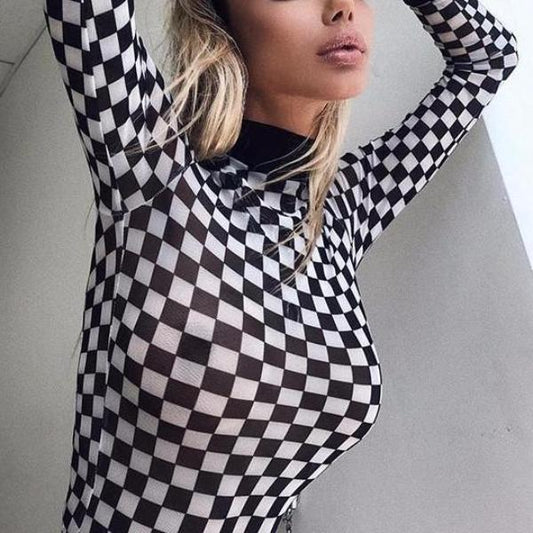 Checkered Meshed Long Sleeve Tee by White Market