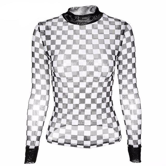 Checkered Meshed Long Sleeve Tee by White Market