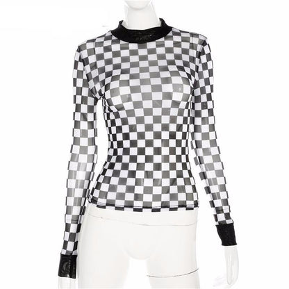 Checkered Meshed Long Sleeve Tee by White Market