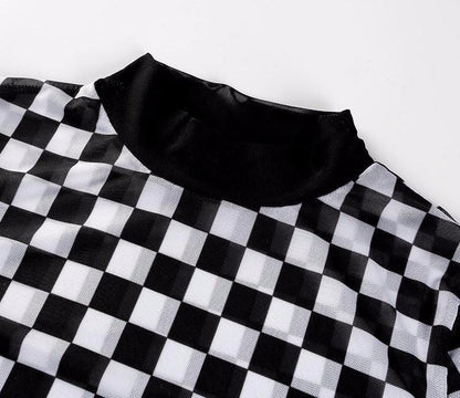 Checkered Meshed Long Sleeve Tee by White Market