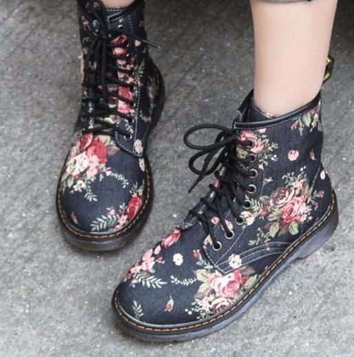 Rose Printed Martin Boots by White Market