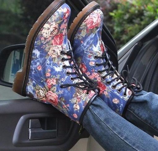 Rose Printed Martin Boots by White Market