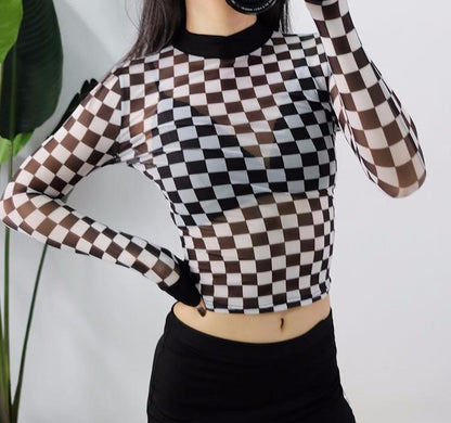 Checkered Meshed Long Sleeve Tee by White Market