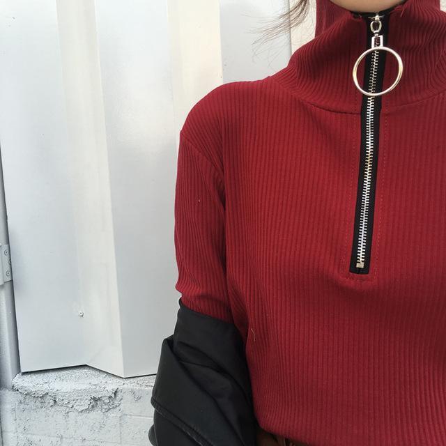 Zip Up Knitted Turtleneck Sweater by White Market