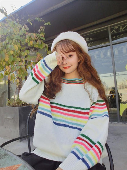 Rainbow Knitted Oversized Pullover Sweater by White Market