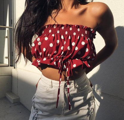 Red Polkadot Ruffled Tube Top by White Market