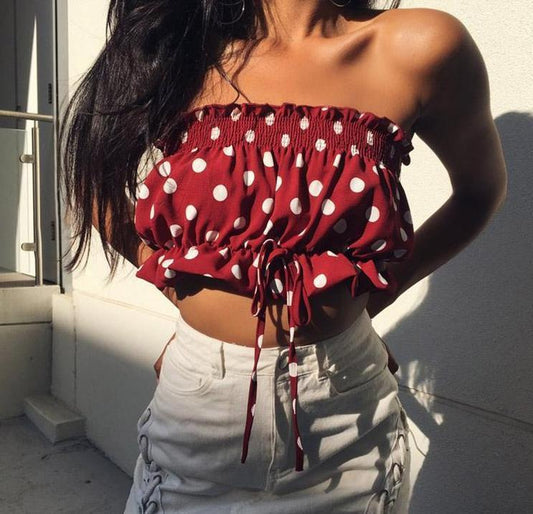 Red Polkadot Ruffled Tube Top by White Market