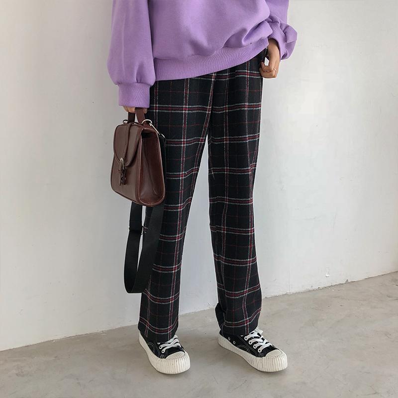 Straight Plaid Cotton Trousers by White Market